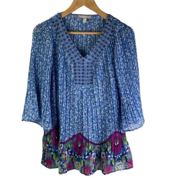 Woman Within Tops - Woman Within Sheer Accordion Pressed, Metal Embellishment Flowy Blue Floral Top
